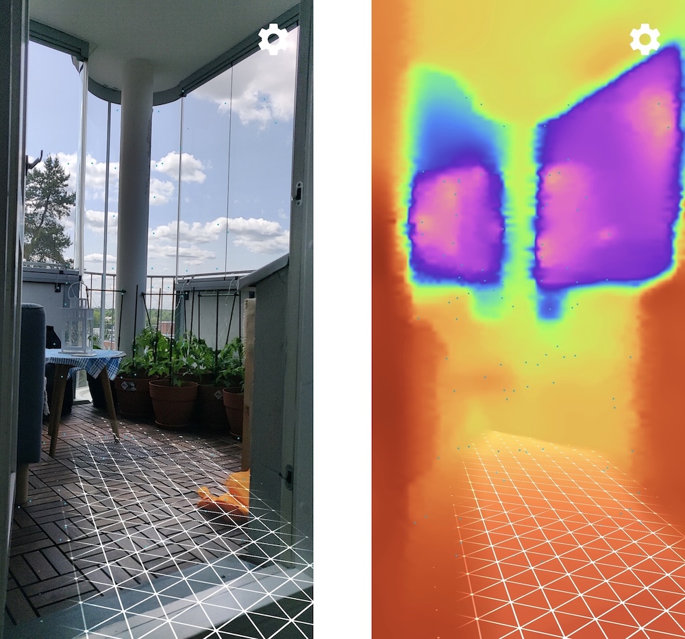 camera frame vs frame depth heat-map, both with plane grid and point cloud